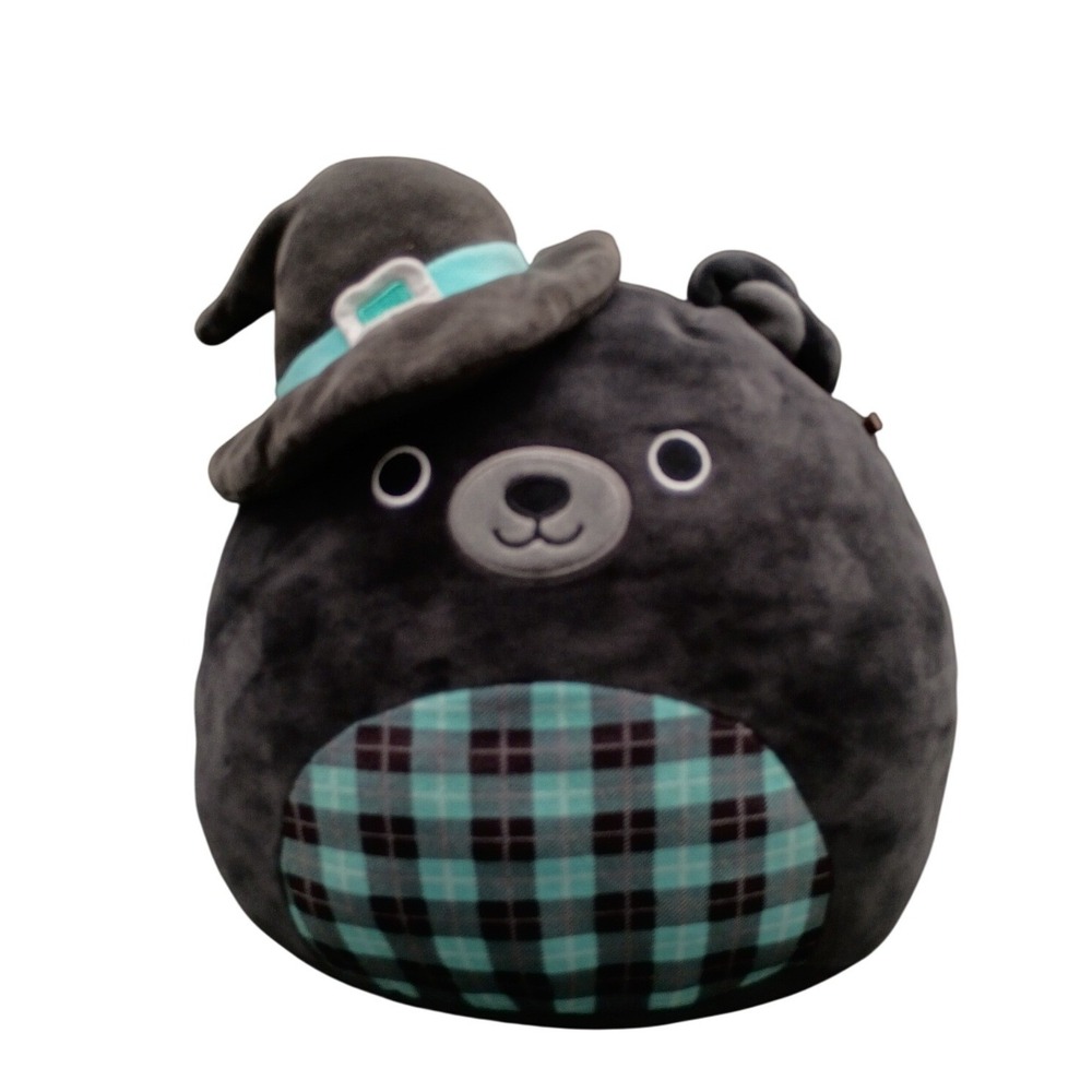 Squishmallows Halloween Black Bear with Witch Hat Teal Plaid Belly Plush 8 inch